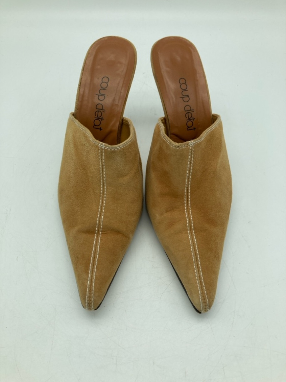 Vintage Coup d'etat Suede Pointy Toe Statement Heel Mules - Picture 2 of 7